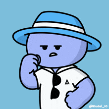 a cartoon character wearing a blue hat and a white shirt with the letter a on it