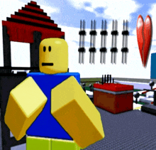 a roblox character is standing in front of a red heart