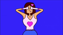 a cartoon woman with a pink heart on her chest is covering her eyes .