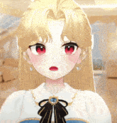 a girl with long blonde hair and red eyes is wearing earrings