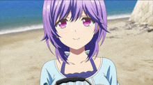 a girl with purple hair and pink eyes is on the beach