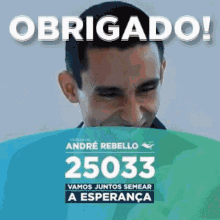 a poster for andre rebello shows a man laughing