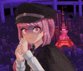 a girl with pink hair and red eyes is standing in front of a city