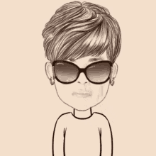 a black and white drawing of a woman wearing sunglasses and making a stop sign with her hands .