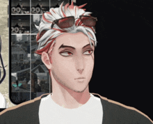 a man with white hair and red eyes wearing sunglasses looks at the camera