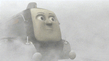 a close up of a cartoon character 's face in a foggy scene