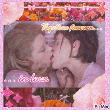 a couple kissing with the words together forever in love