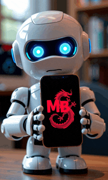 a robot is holding a cell phone with the word mb on the screen