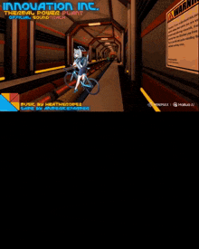 a bald man is looking at a video game called innovation inc. thermal power plant