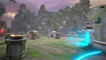 a video game scene with a blue portal in the middle of the field