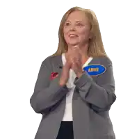 a woman wearing a name tag that says jane