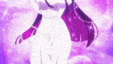 a woman in a white dress with purple hair is surrounded by purple lights