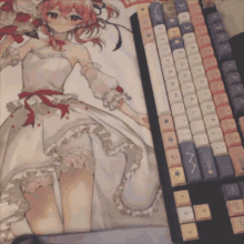 a girl in a white dress is on a keyboard next to a keyboard