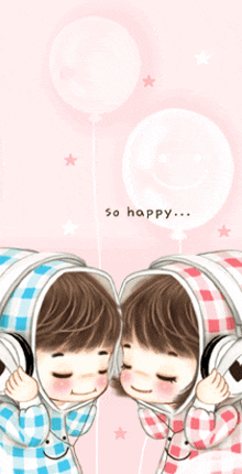 a boy and a girl wearing headphones with the words so happy