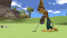 a cartoon character is playing golf on a lush green field