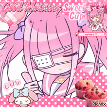 a picture of a girl with a bandage on her eye says good morning sweet cup cake