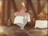 a cartoon character is standing in a room holding a napkin and a chicken on his head .