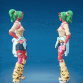 a girl with green hair and red skin is standing next to another girl