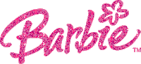 a pink glittery barbie logo with a butterfly