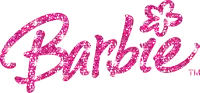a pink glittery barbie logo with a butterfly