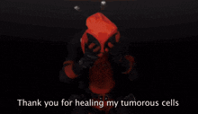 a man wearing red gloves making a funny face with the words and these burn marks from being written below him