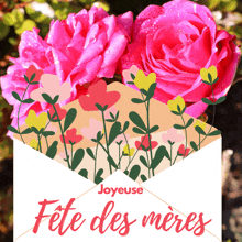 a joyeuse fete des meres card with pink roses