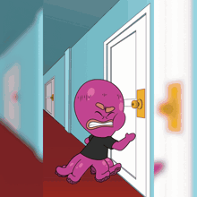a cartoon of a purple octopus holding a door