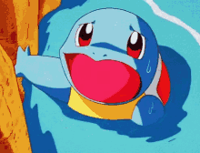 a cartoon squirtle is swimming in the water with its mouth open .