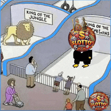 a cartoon of a lion and a penguin with king of the jungle written on the wall