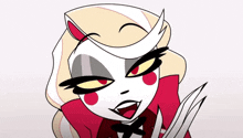 a cartoon character is holding a pair of scissors in her hands