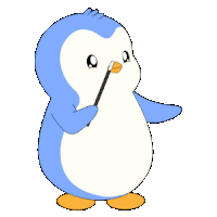 a blue and white penguin holding a gold coin with the letter m on it
