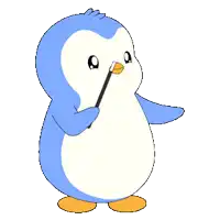 a blue and white penguin holding a gold coin with the letter m on it