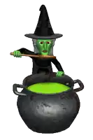 a witch stirs a cauldron with a wooden spoon