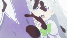 a girl with white hair and a green bow is surrounded by purple and black circles