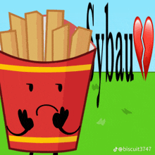 a red container of french fries with a sad face and a broken heart in the background