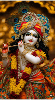 a statue of krishna playing a flute with a peacock feather on his hat