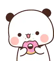 a cartoon panda bear is eating a pink donut with sprinkles on it