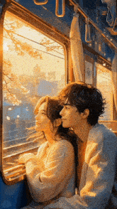 a man and a woman are looking out a window on a bus