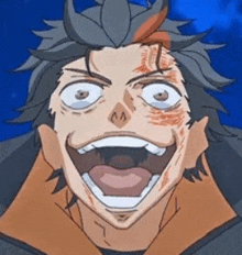 a close up of a person 's face with their mouth open and horns .