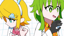 a cartoon drawing of a girl with green hair