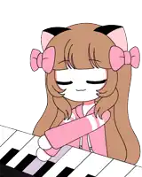 a drawing of a girl with bows on her hair playing a piano