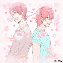 a drawing of a boy with pink hair and the words uke and seme