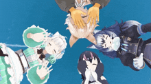 a group of anime characters are laying in a circle