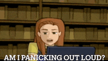 a cartoon of a woman sitting in front of a computer with the words am i panicking out loud