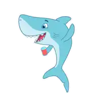 a cartoon shark is holding a can of soda in its mouth