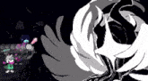 a black and white pixel art of a person holding a sword and a feather .
