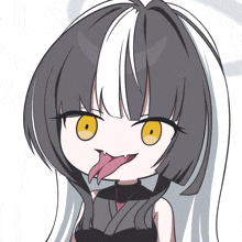 a cartoon drawing of a girl with long black hair sticking out her tongue