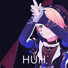 a 3d anime character is holding a microphone and the word huh is on the bottom