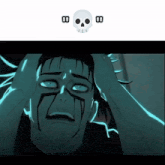 a cartoon drawing of a man holding his head with a skull above him