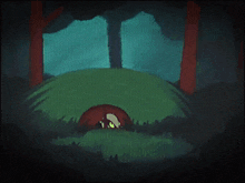 a cartoon drawing of a person in a tent in the woods